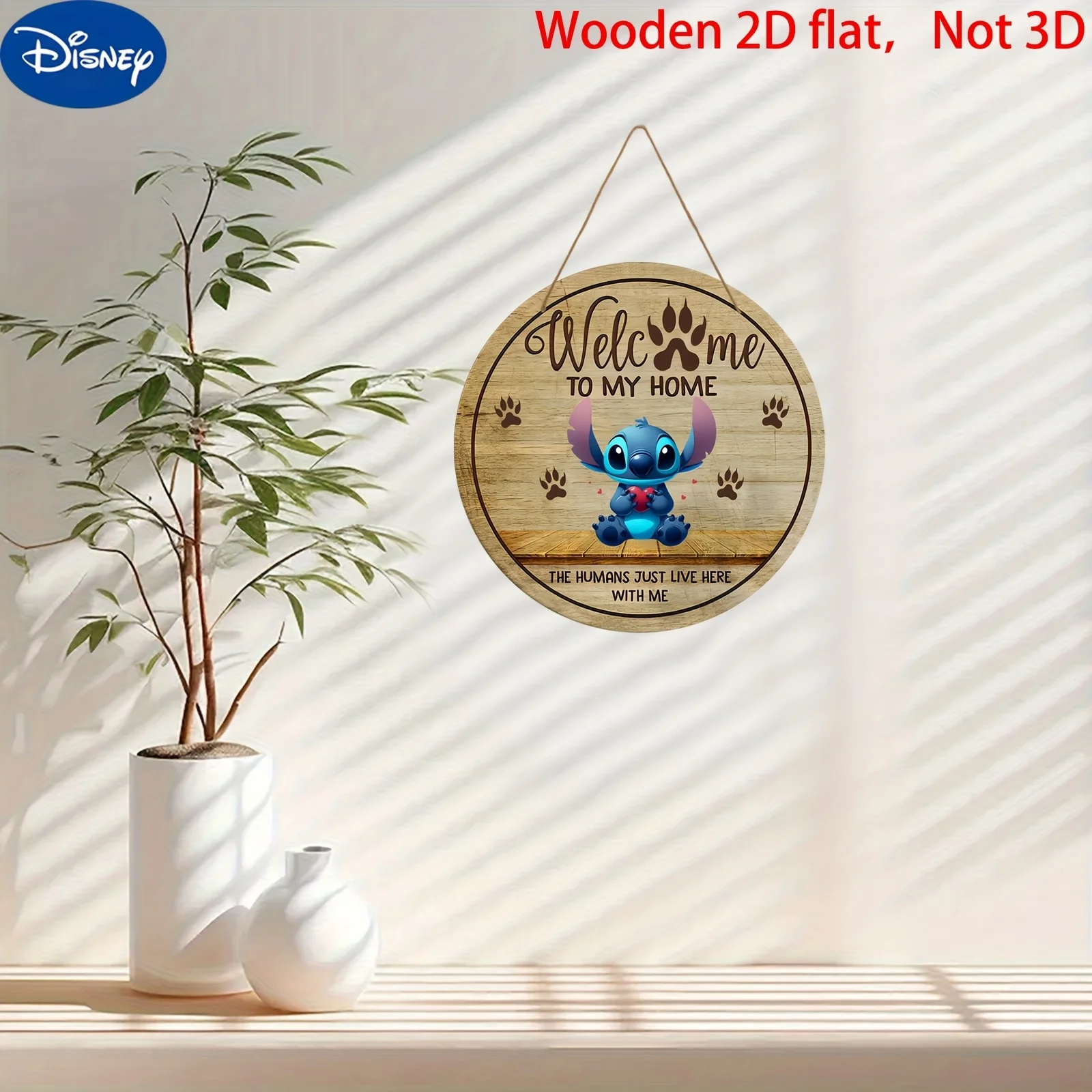 مسطح ثنائي الأبعاد، قطعة واحدة، ديزني ستيتش، ديكورات ترحيب خشبية، أدوات جدارية مع "مرحبًا بكم في منزلي" و"The Humans Just Li