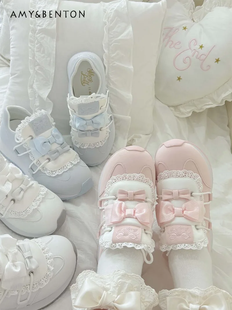 Japanese College Style Thick-Soled Sneakers Original Lolita Cute Round-Toe Running Shoes Bowknot Patchwork Casual Sneakers Women