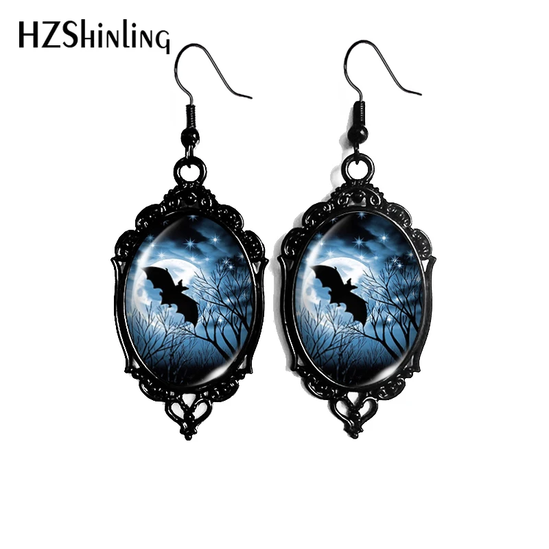 2024 New Black Bat Moon Halloween Dangle Earring Black Lace Earrings Oval Glass Photo Jewelry Gifts Party