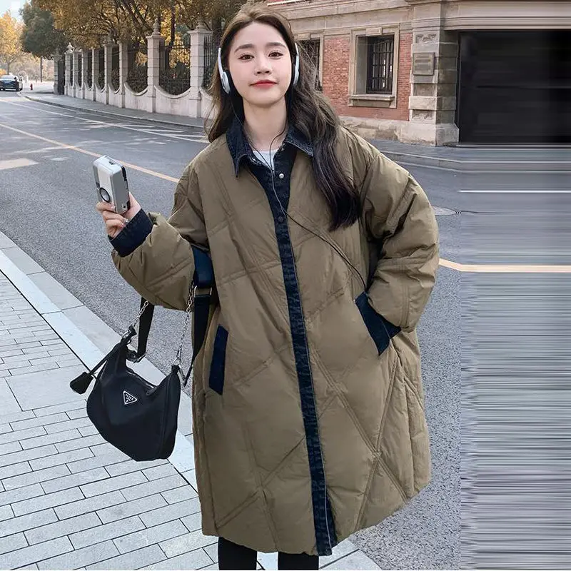 

White Du down Quilted Ne Denim Patchwork Knee-Length Middle-Length Rhombus Women's down Jaet Korean Sle Commute