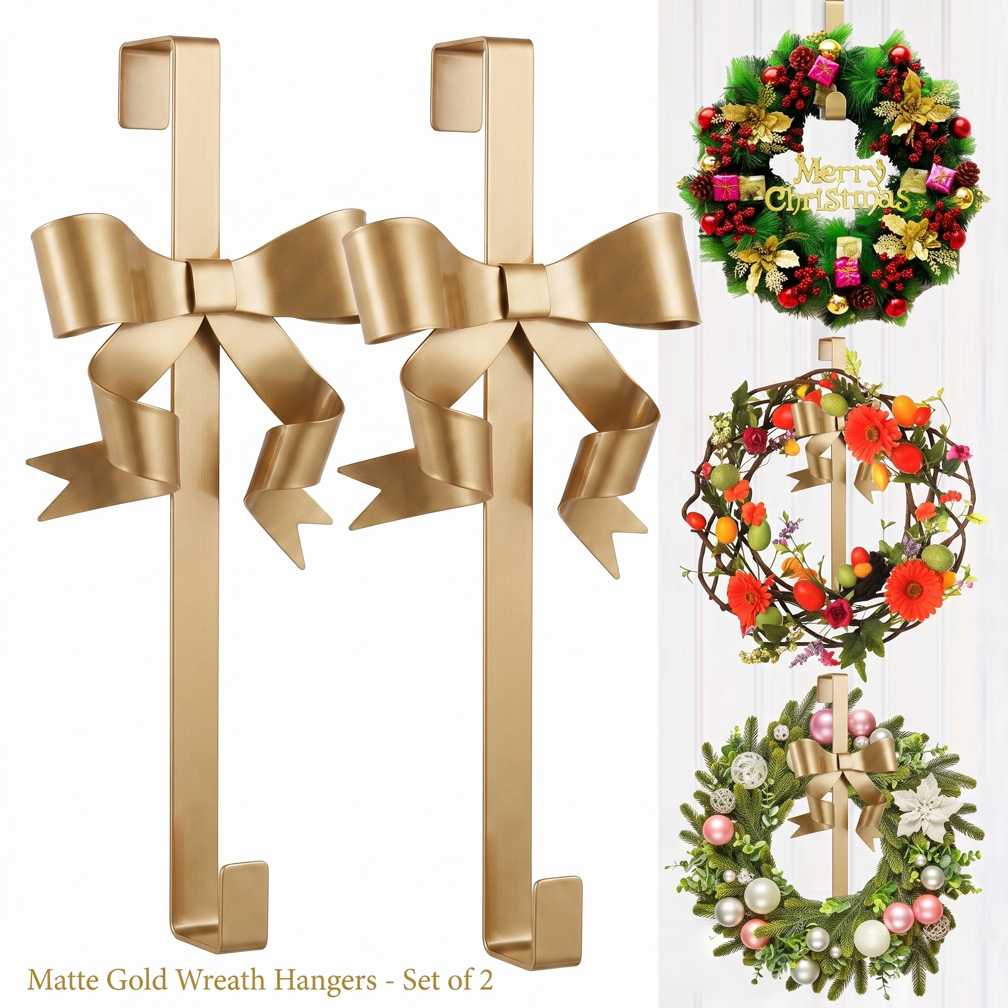 Metal Brushed Gold Bowknot Wreath Hanger over the Door Hook No Drill Front Door Decorative Holder for Christmas Wreath Garland F