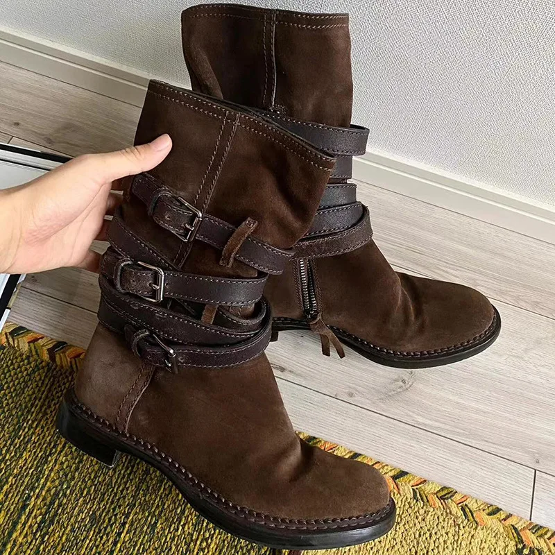 Suede Leather Mid-Calf Boots Women Round Toe Slip-On Short Boots Metal Belt Buckle Flat Shoes Motorcycle Boots Woman Botas Mujer