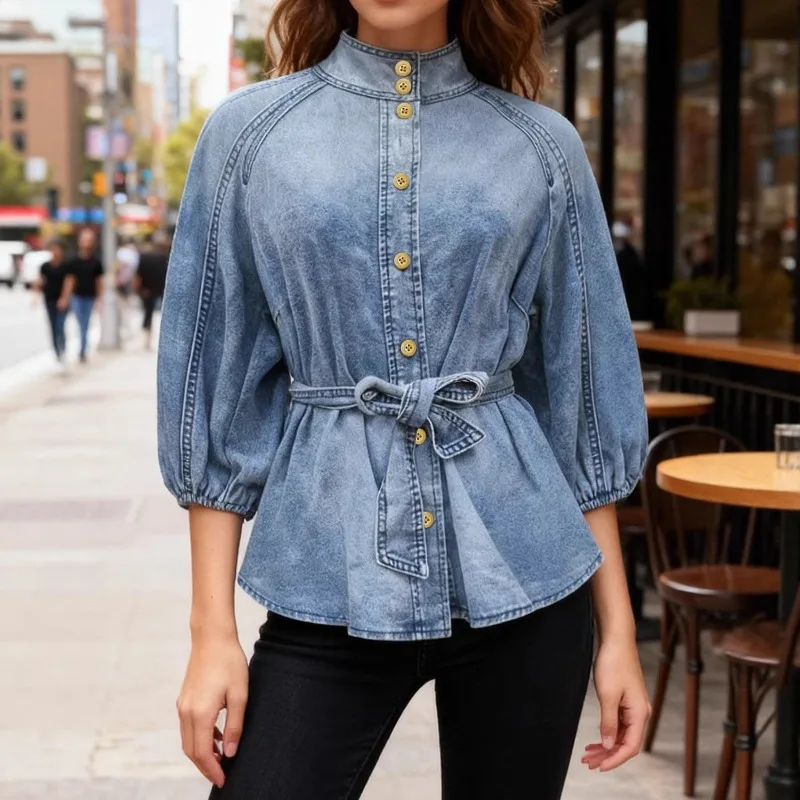 

2026 Spring Autumn Women's Gradient Denim Blouse Stand Collar Puff Sleeve Belted Waist Thin Shirt Casual Vintage Tops