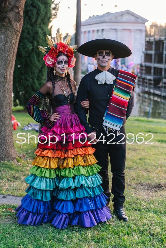 Rainbow Catrina Mexican Culture Prom Dresses Illusion Long Sleeve Death Day Costumes Sheer Neck Evening Gown Oufit customsized