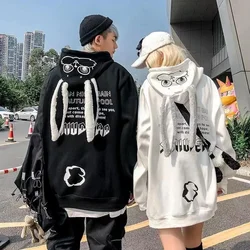 Sudadera con capucha estilo Harajuku para pareja, suéter con orejas de conejo, Chaqueta larga holgada de terciopelo grueso, estilo universitario