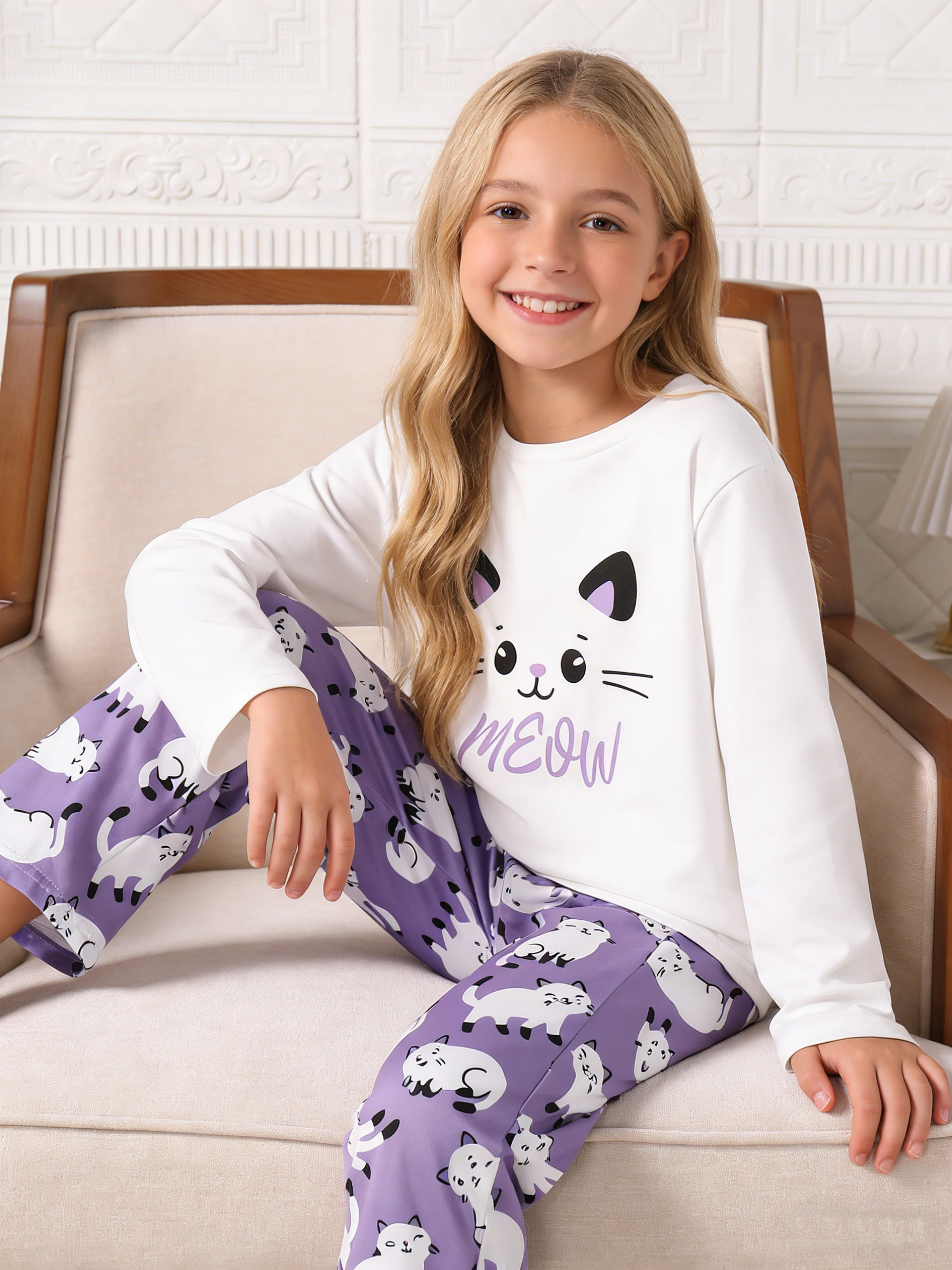Mädchen-Hauskleidungsset, Langarmshirt und Hose mit Katzenmotiv für Mädchen, lässige Pyjamas und Nachtwäsche, geeignet für den täglichen Gebrauch zu Hause.