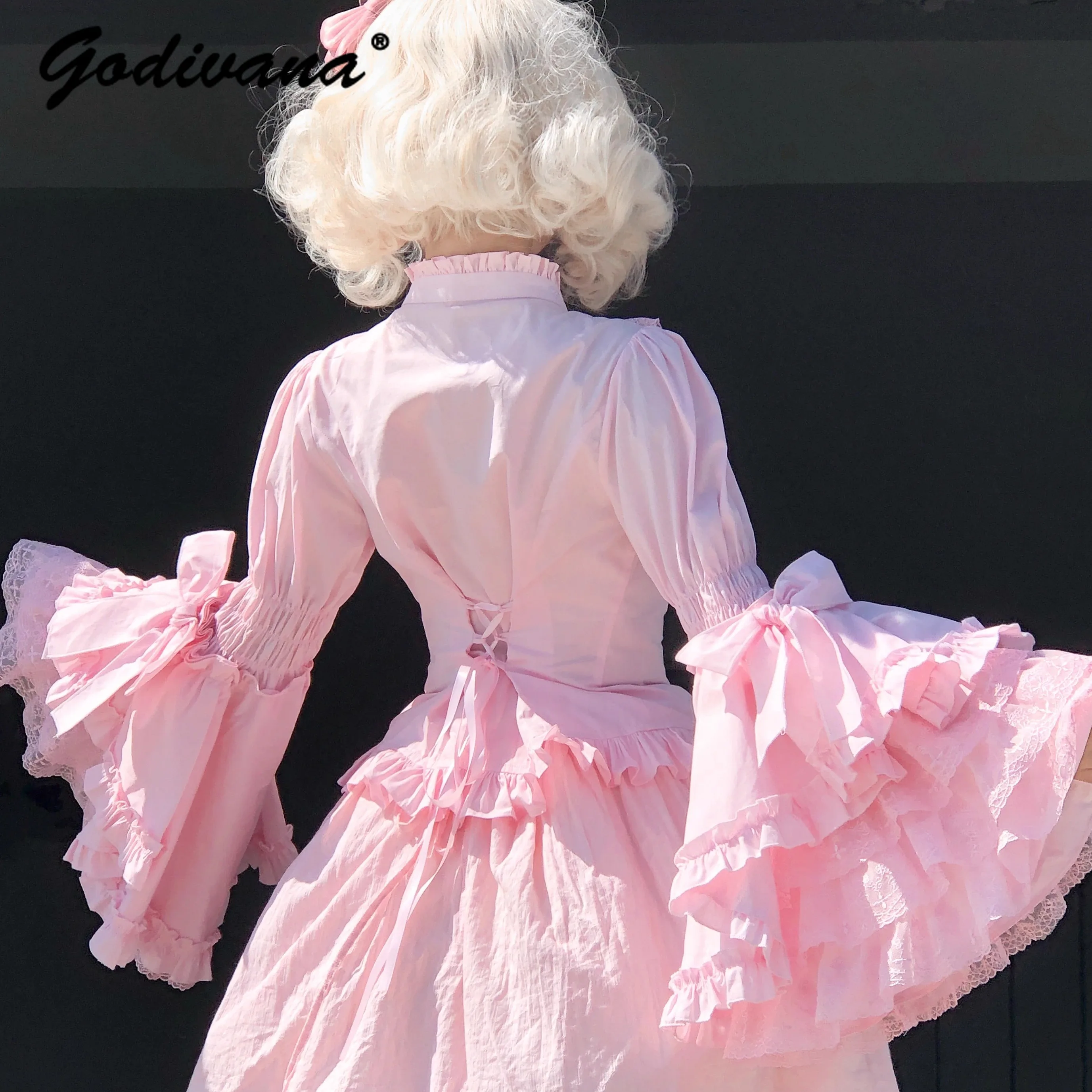 Original Lolita Girls Long-sleeved Stand Collar Lace Flare Shirt New Spring and Autumn Women\'s Sweet Fairy Princess Blouse Tops