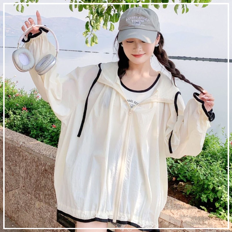 

Korean Version Fashion Sweet Lovely Hooded Cardigan Sunscreen Breathable Black Border Design Women's Short Jacket Summer 2024