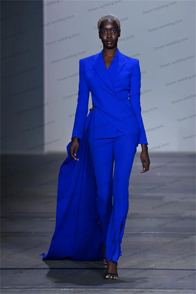 Ensemble bleu royal imbibé pour femme avec poignées, train amovible, veste formelle 2 pièces + pantalon, mère de l'invité du mariage, robe de Rh, sur mesure