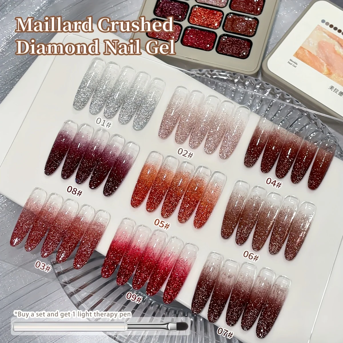 Gel per unghie con diamante schiacciato Maillard da 9 pezzi - Smalto gel glitterato da nudo a rosso scintillante per nail art, Soak Off UV LED Nail Gel Salon