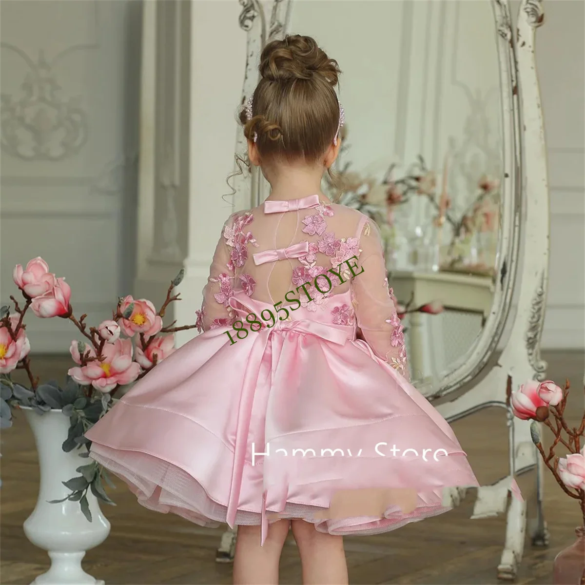 

Pink Satin Flower Girl Dress Round Neck Long Sleeves Flowers Puffy Birthday Party Gown for Pageant First Communion Dresses