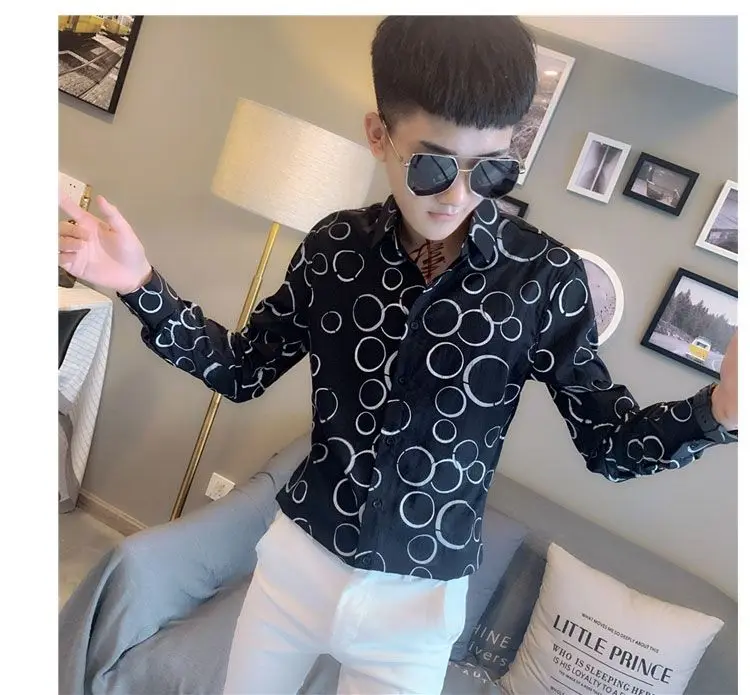 

Long Sleeve Slim Fit Floral Print Shirt Trendy Street Style Korean Fashion Youthful Personality Casual Shirt for Social Guys
