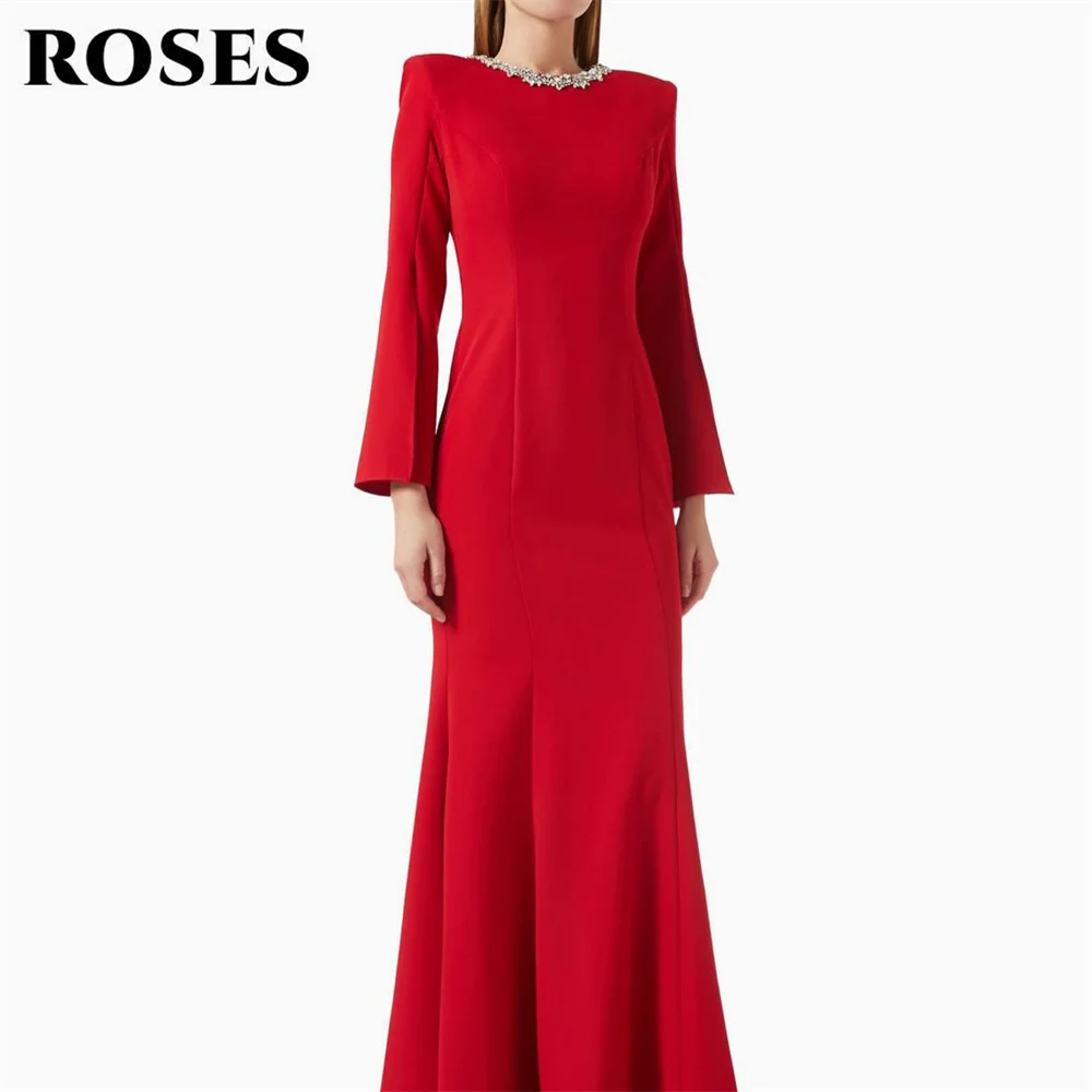 

ROSES Red Evening Dress Crystal Neck Gala Dress Floor Length Prom Dress for Women Mermaid Long Sleeve Celebrity Dress Customized