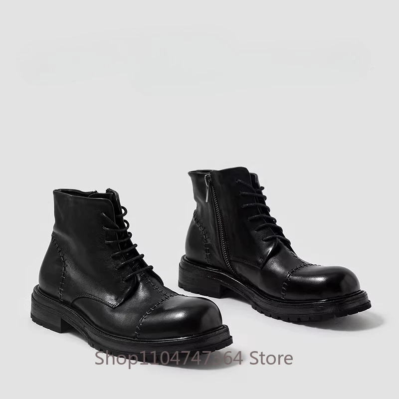 Italian Handmade Genuine Leather Casual Chelsea Boots Men's High Top Lace Up Breathable Chelsea Riding Ankle Boots Male Shoes