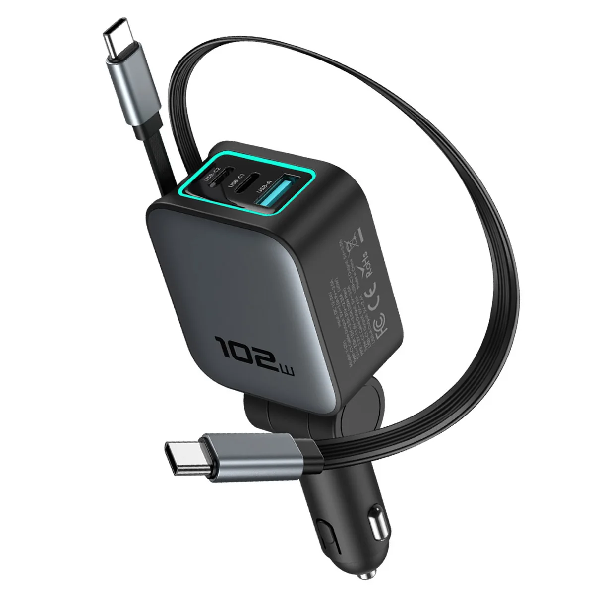 

Автомобильное зарядное устройство 5-в-1 с выдвижным кабелем USB-C, 102 Вт, быстрая зарядка Type-C PD, зарядка для мобильных телефонов в автомобиле