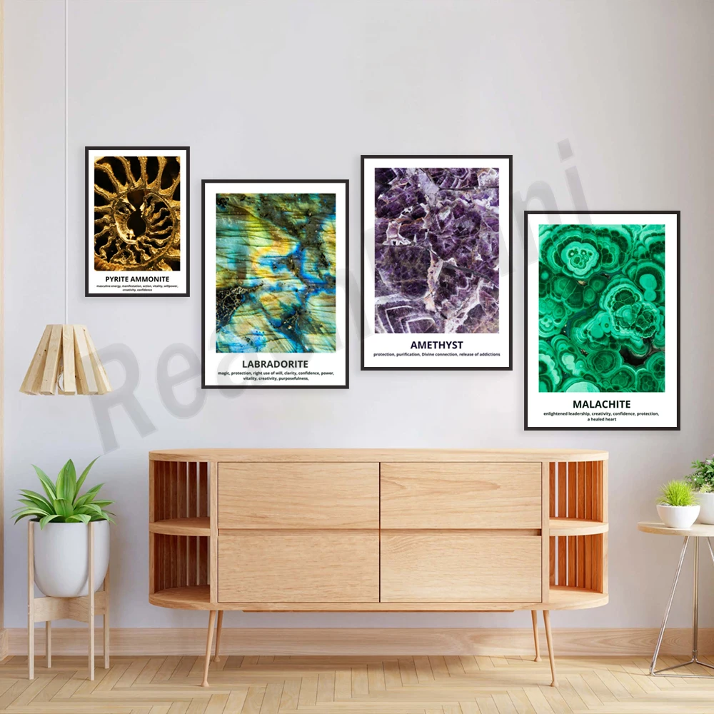 Mineral prints, pyrite ammonite, labradorite, malachite, amethyst, crystal gemstone art prints, wall art home decor poster