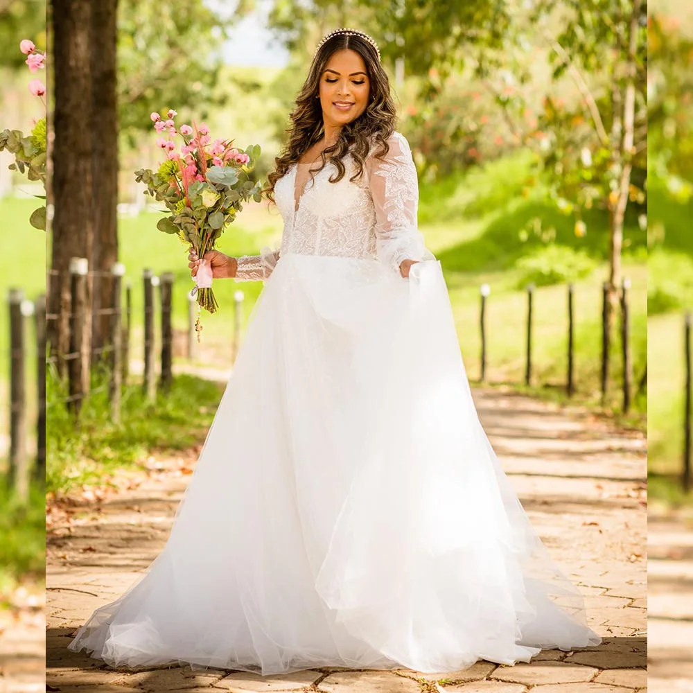 

Classic Plus Size Wedding Dresses For Bride V-neck A-Line Bridal Gowns Long Sleeves Lace Applique Brides dress Customized