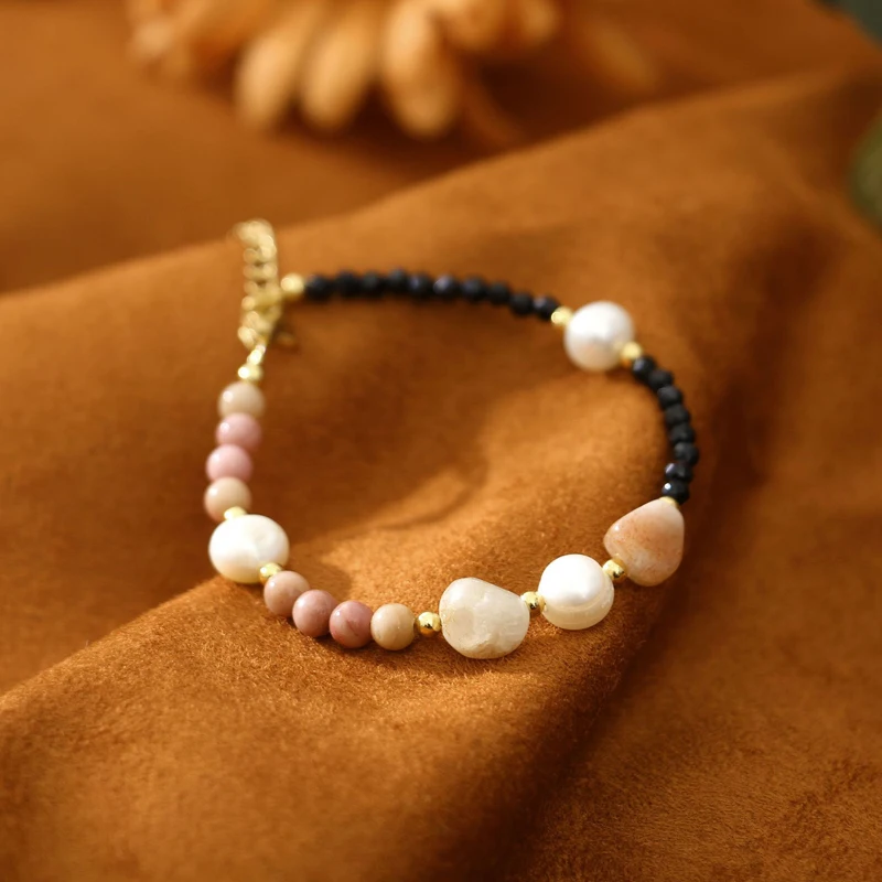 

2024 New Irregular Nature Pink Stone Beads Adjustable Bracelet Freshwater Pearl Minimalist Korean Vintage Women Lovely Jewelry