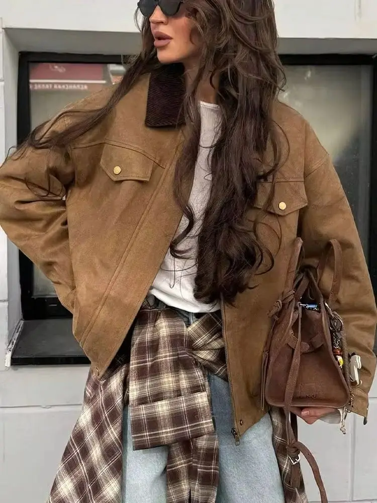 

HH женская зимняя модная универсальная замшевая куртка с лацканами и карманами, женская уличная свободная повседневная куртка с длинными рукавами Mujer