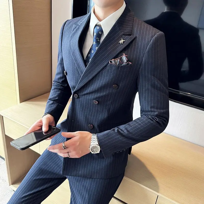 

ZX280Business casual high-end dress men's striped large size suit men groom double-breasted suit men's suit slim fit