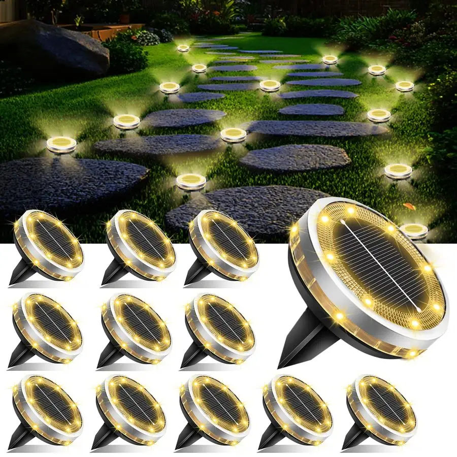 

Ground Lights Outdoor 12 Pack Waterproof, Upgraded Solar Garden Lights with 4 Side Light, Stainless Steel Solar Powered Disc Lan