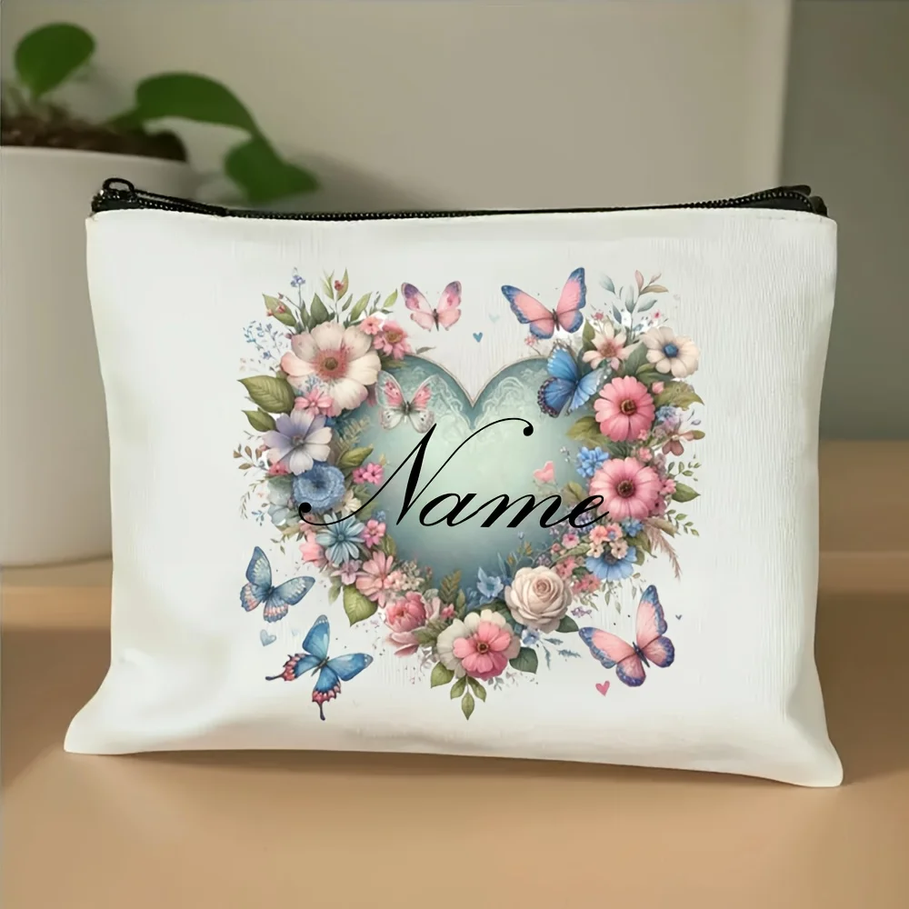 Personalized Floral Butterfly Heart Shaped Wreath Design Makeup Bag Custom Name Cosmetic Pouch White Perfect Gift for Women