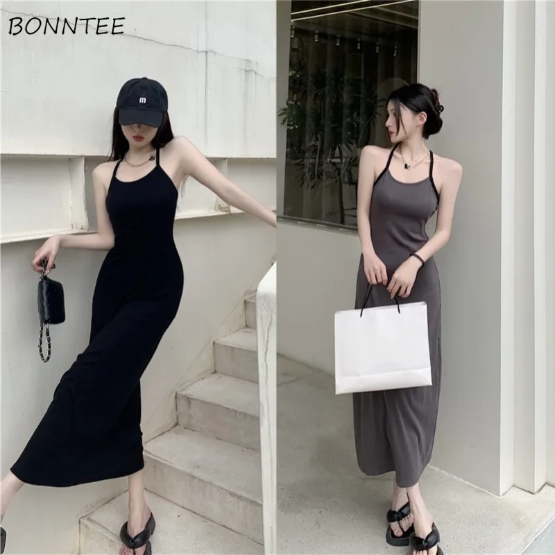 Summer Dress Women Simple Backless Ankle-length Elegant Korean Style Sundress Holiday Fashion Famous Lady Vestidos A-line Ins