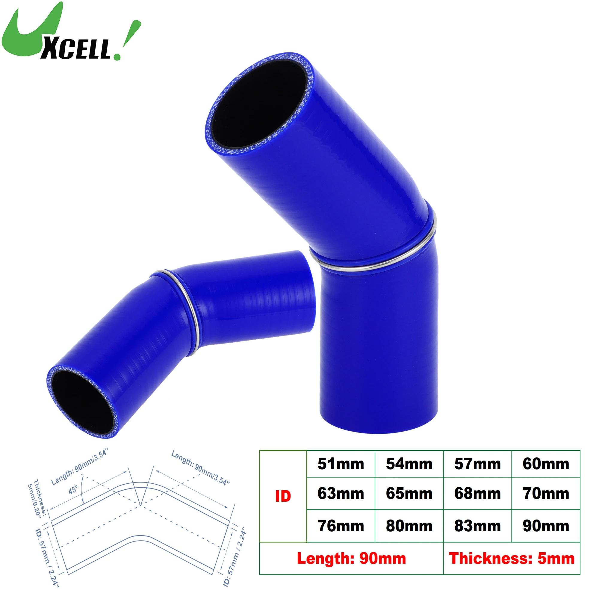 

UXCELL 45 Degree 51/54/57/60/63/65/68/70/76/80/83/90/102mm ID Silicone Hose Coupler Intercooler Tube with Ring 90mm Long