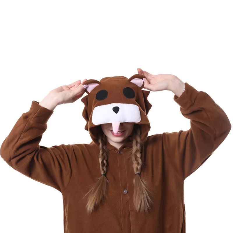 동물 곰 Kigurumi 만화 정장 잠옷 애니메이션 할로윈 Onesies 성인 갈색 Pijamas 양털 코스프레 의상 원피스 바디 슈트
