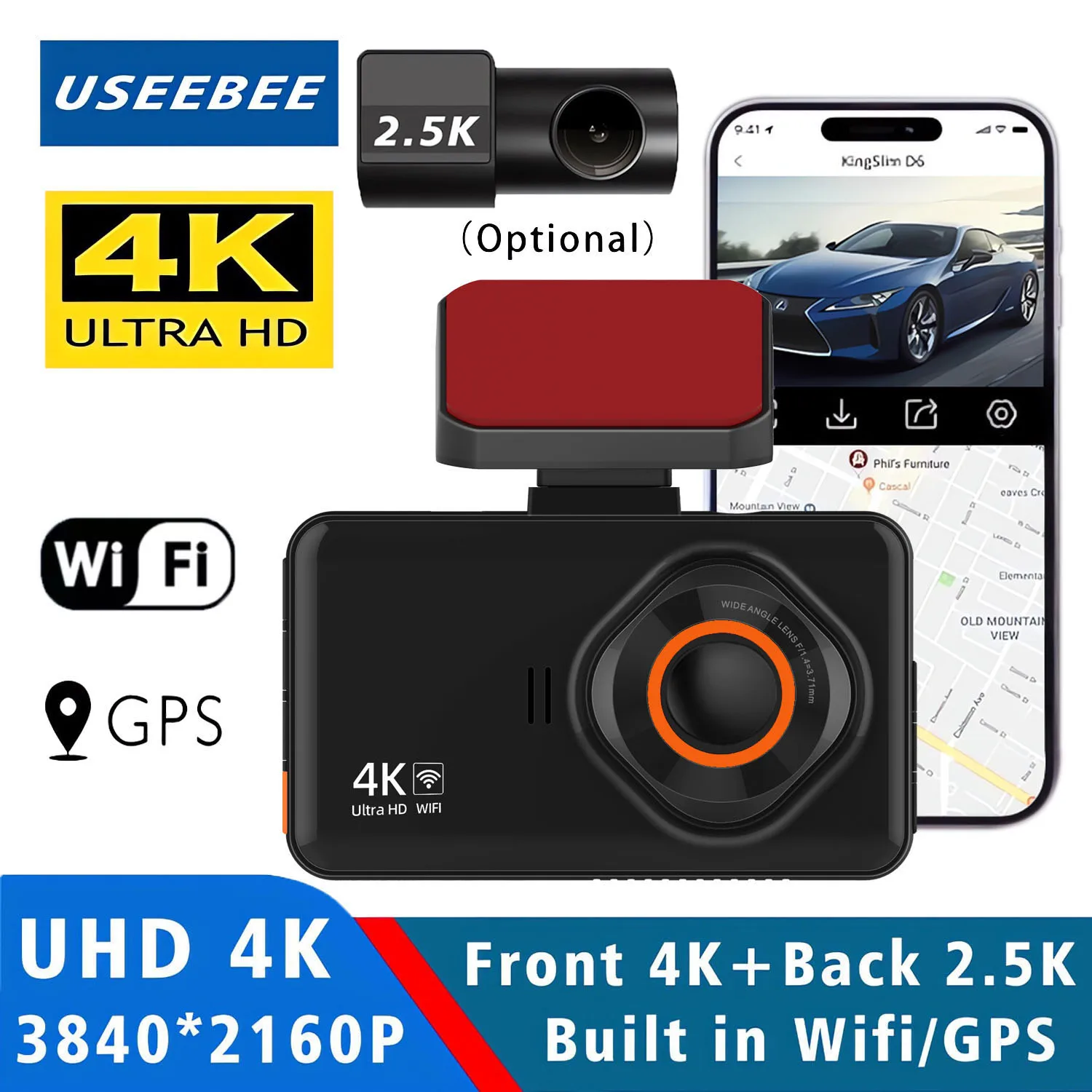 

4K Dual Lens Dashcam With Rear 2.5K WiFi GPS And Rearview Camera WDR Night Vision 24H Parking Recording Car Video Recorder