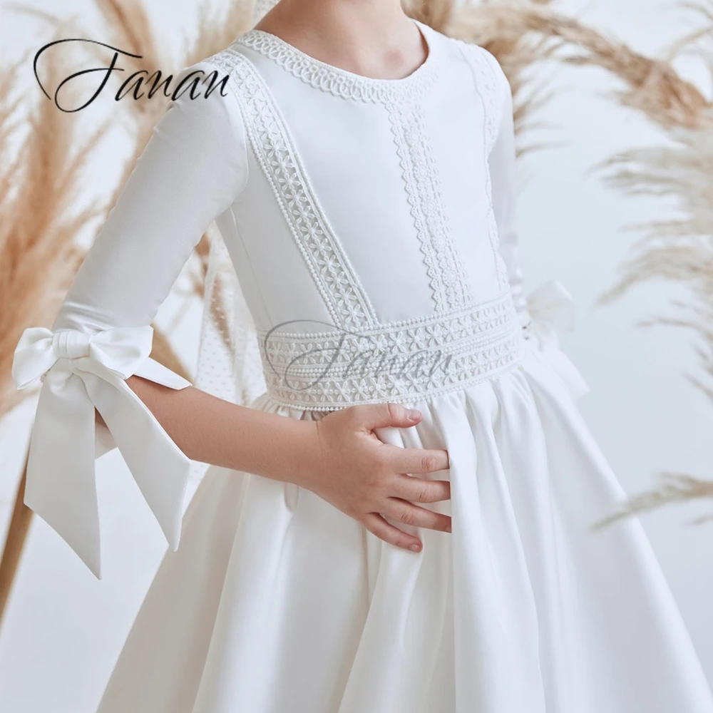 Vestido de renda branca com arco para meninas, vestido infantil, vestidos de menina, pescoço redondo, sonhador, linha, três quartos