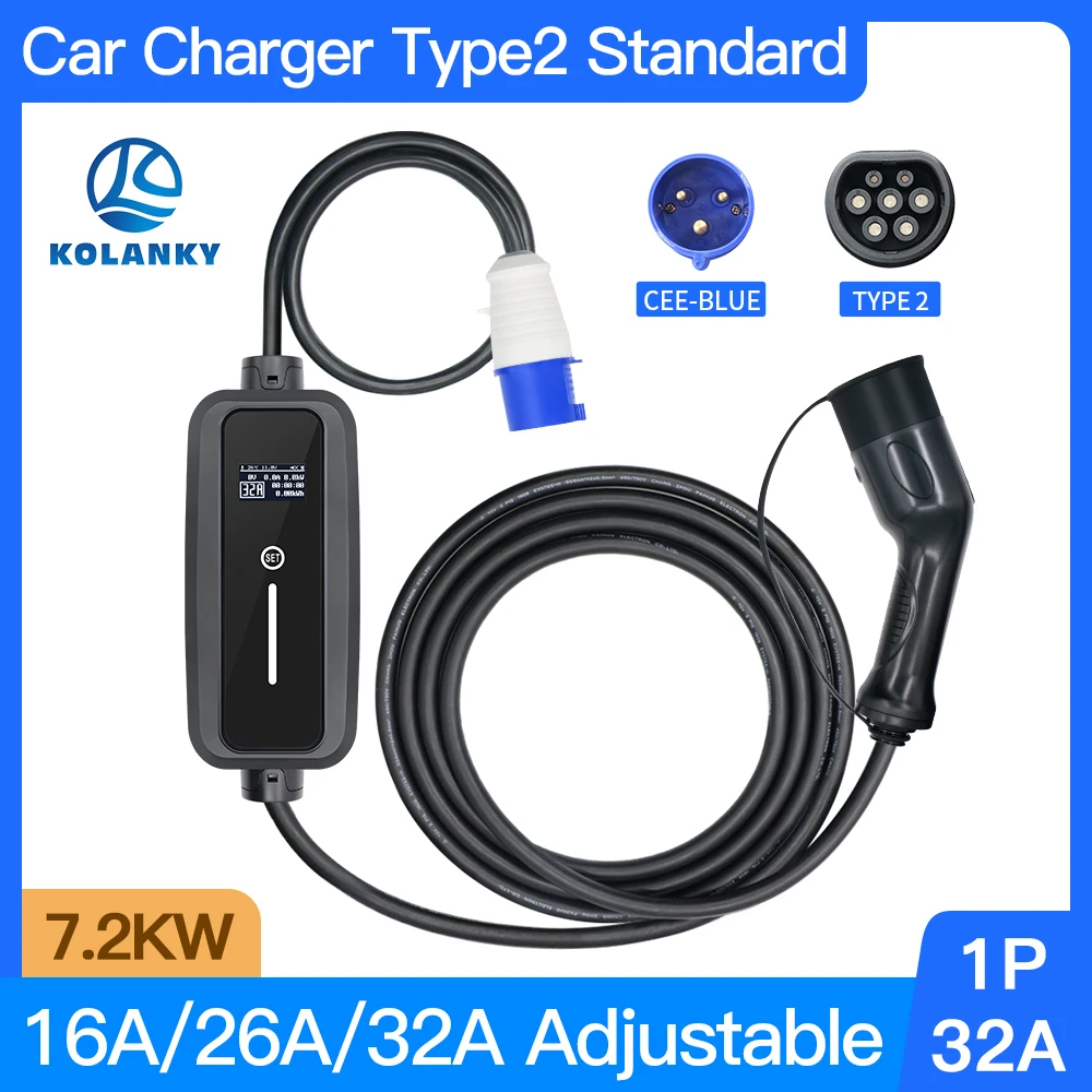 Kolanky Adjust 32A 7.2KW Type 2 IEC-62169 Wallbox Charging For EU Eletric Vehicle Hybrid Cars Total 5M