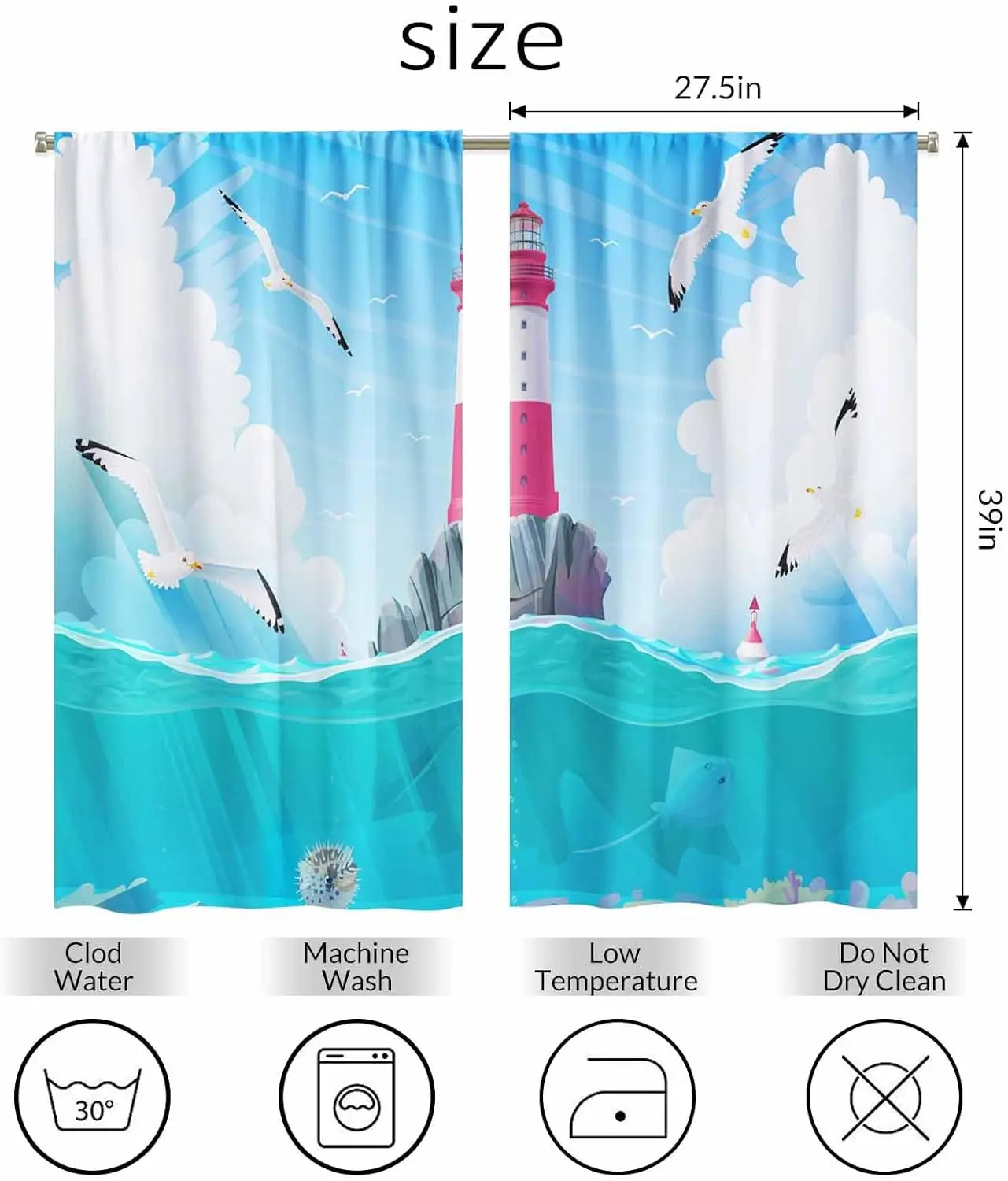 Lighthouse Sea Port Kitchen Curtains Cartoon Lighthouse Nautical Seagull Sea Animal Short Tier Curtains for Bathroom Cafe Small