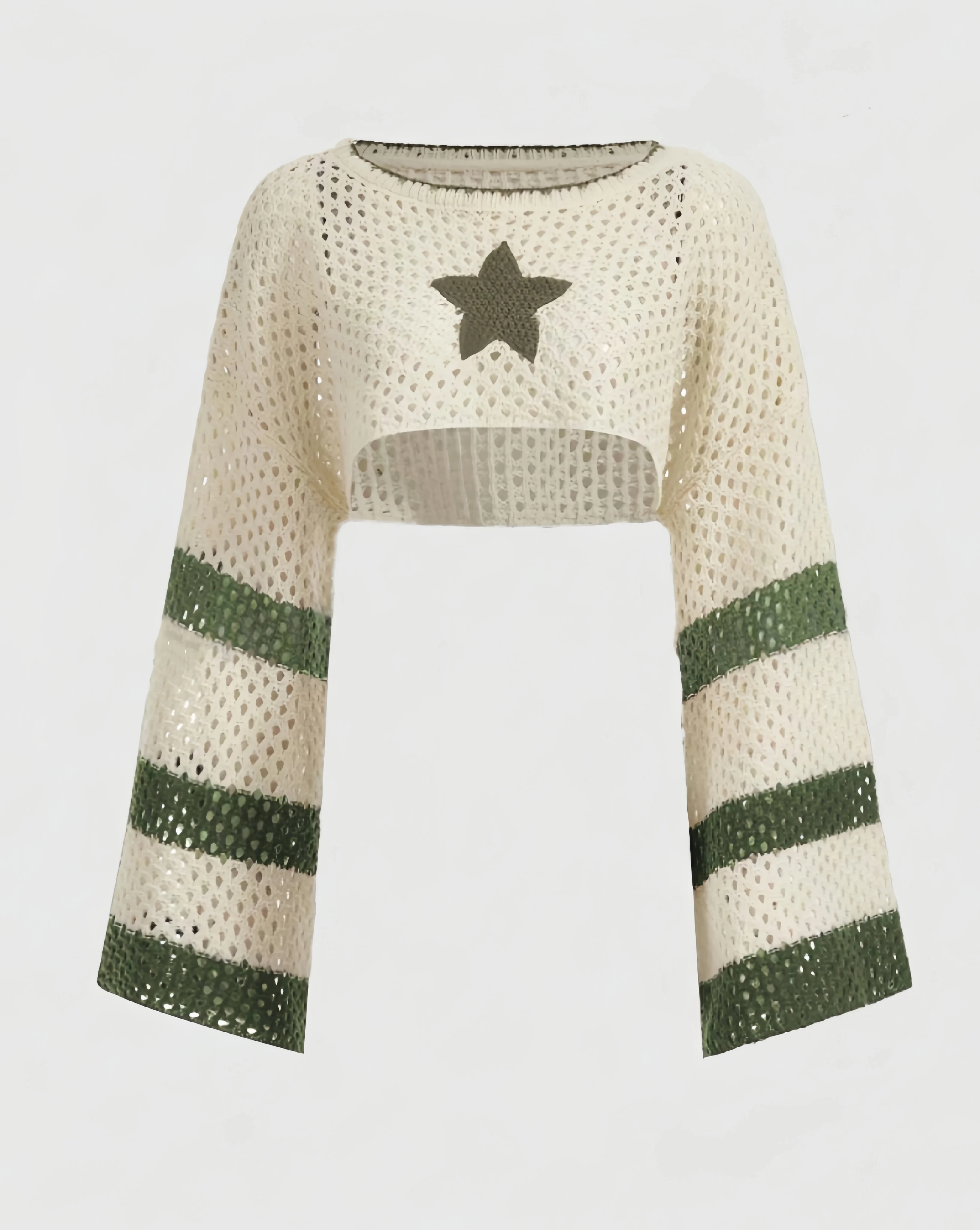 New color matching striped star woolen blouse round neck loose base flared long sleeve ultra short blouse for women