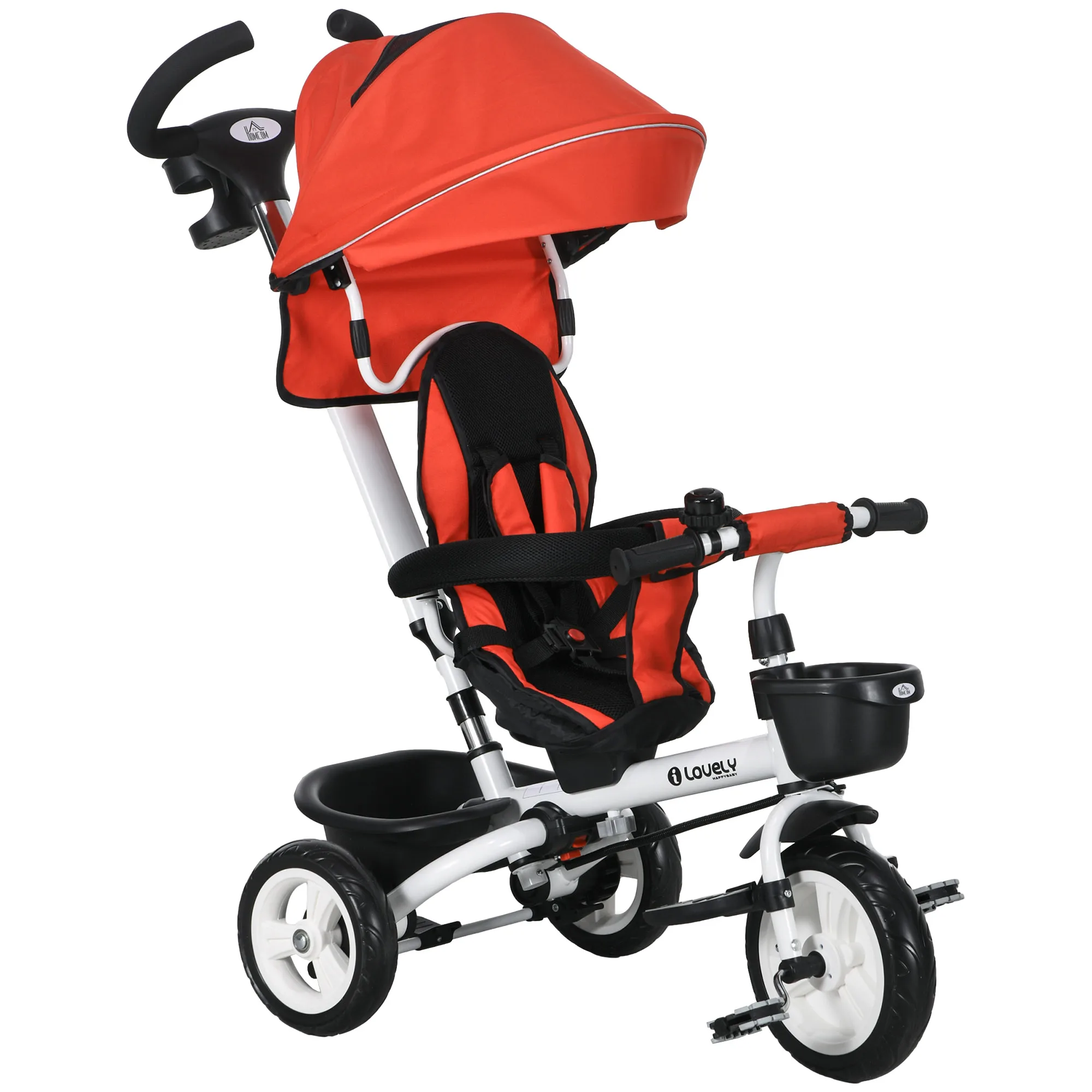 HOMCOM folding baby tricycle 2 in 1 with folding awning and red baskets