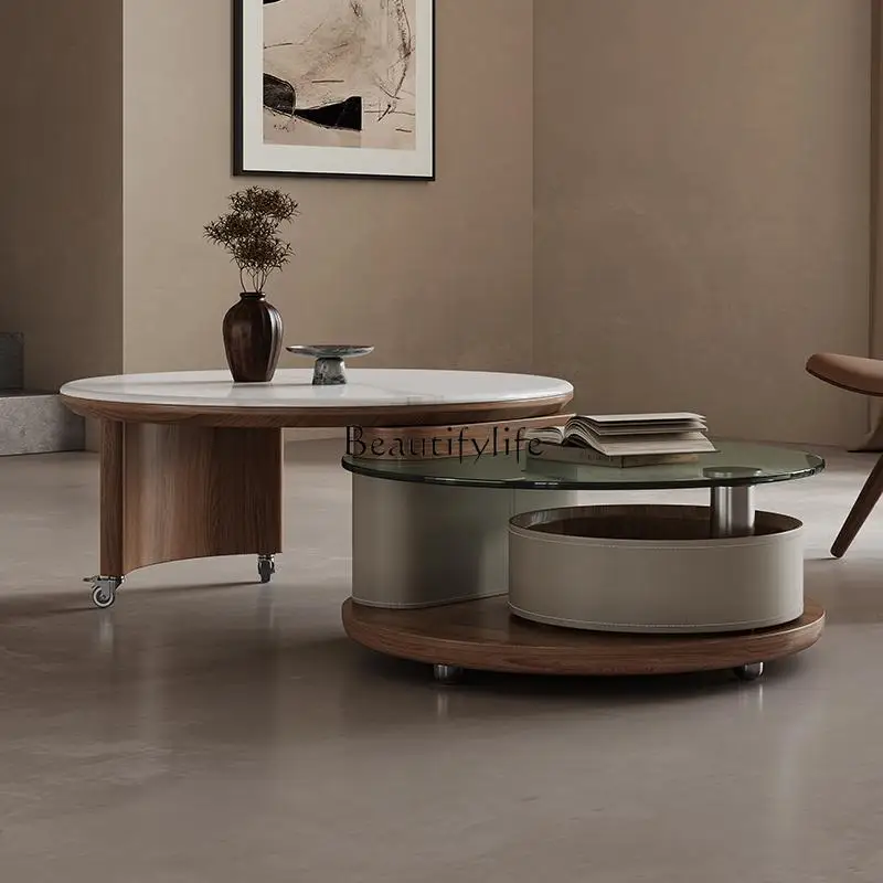 

Medieval microcrystalline stone round coffee table living room household multi-functional rotating storage coffee table