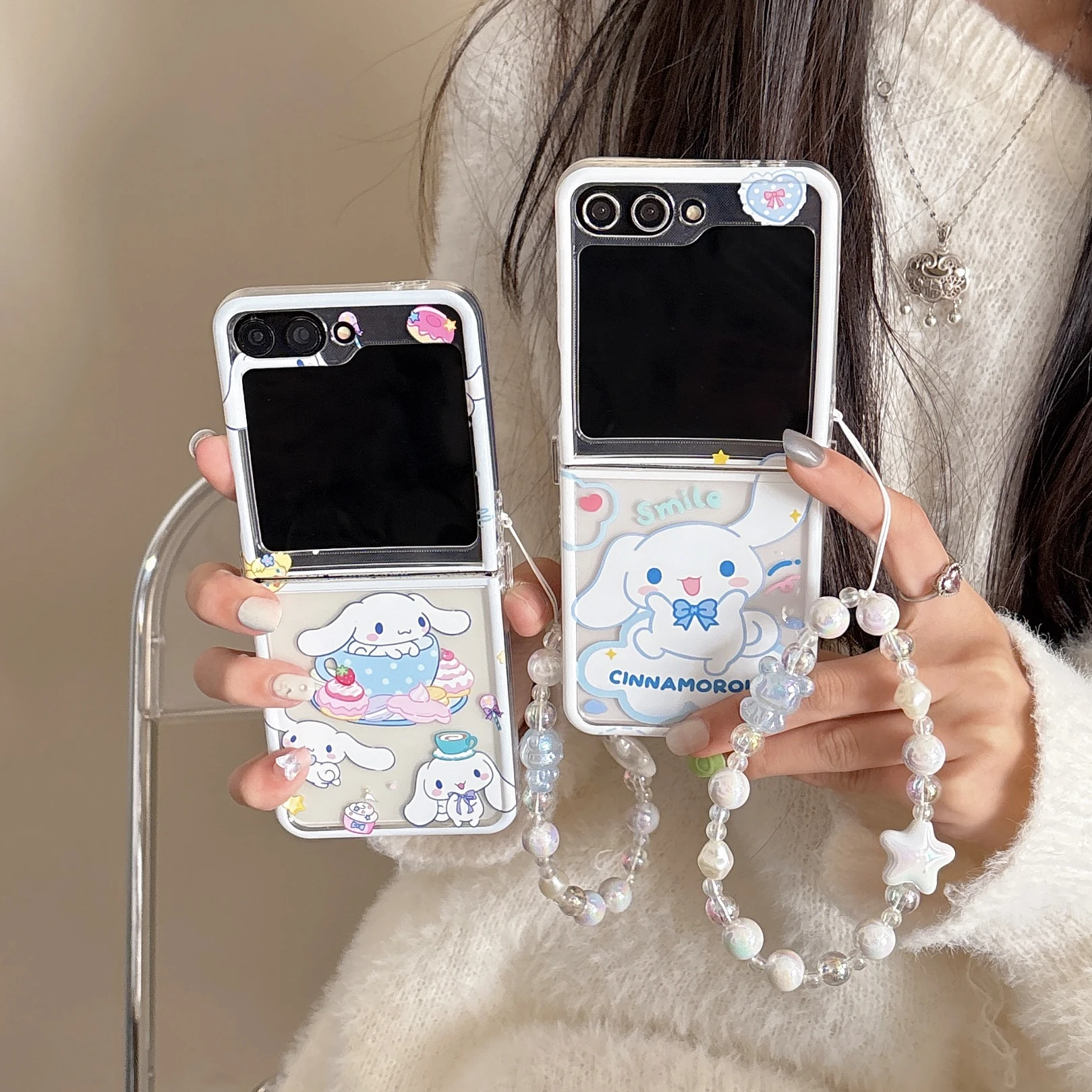 Sanrio Cute Teacup Cinnamon With Lanyard phone Case for Samsung Galaxy ZFlip 3/4 Z Flip 5/6 Anti-drop Lucency Protect Rear Cover