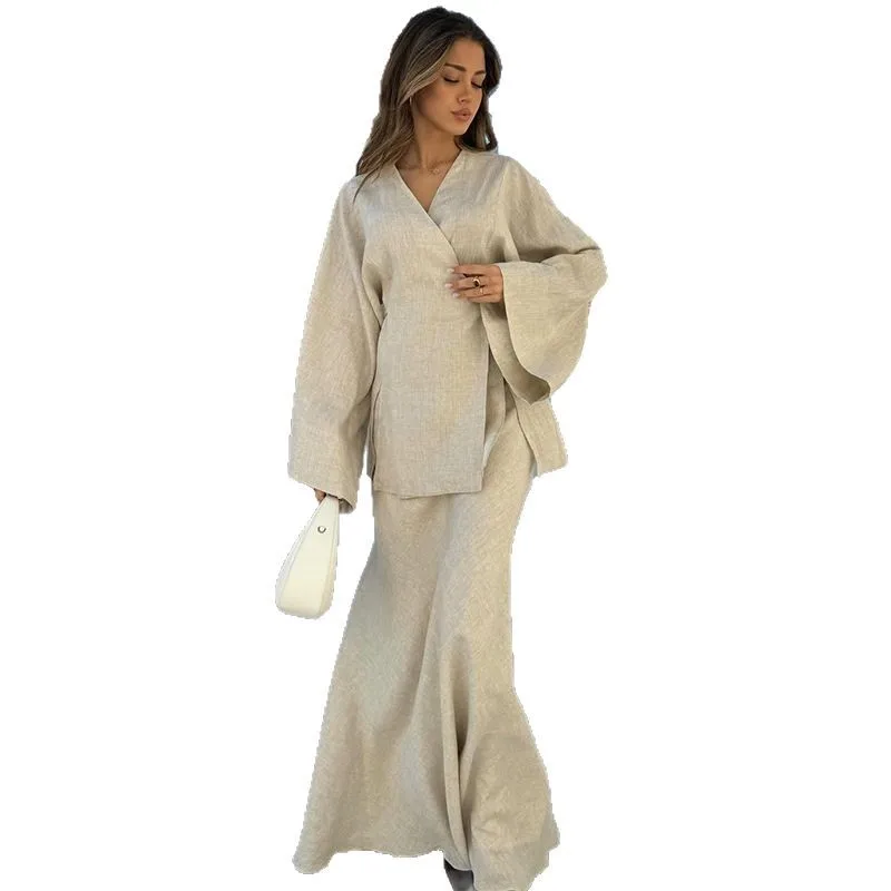 قطعتين مجموعات فساتين النساء الصلبة مطابقة مجموعات الدانتيل يصل الخامس الرقبة طويلة الأكمام أعلى الإمبراطورية تنورة وسط فضفاضة تناسب عادية 2025 الصيف #5