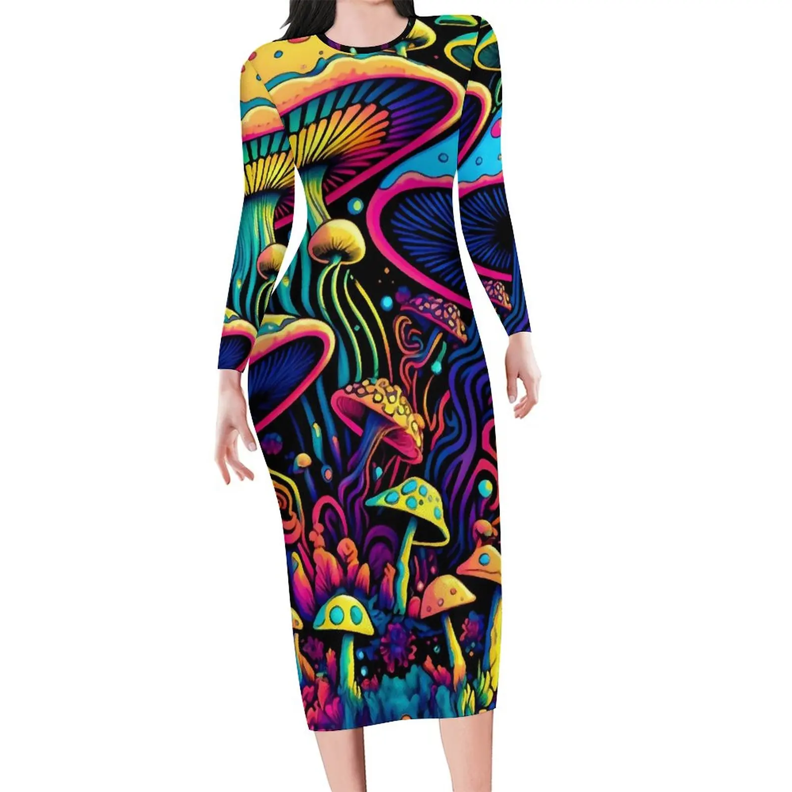 Psychedelic Mushrooms Bodycon Dress Spring Colorful Print Pretty Dresses Female Long Sleeve Graphic Fashion Dress Big Size 5XL