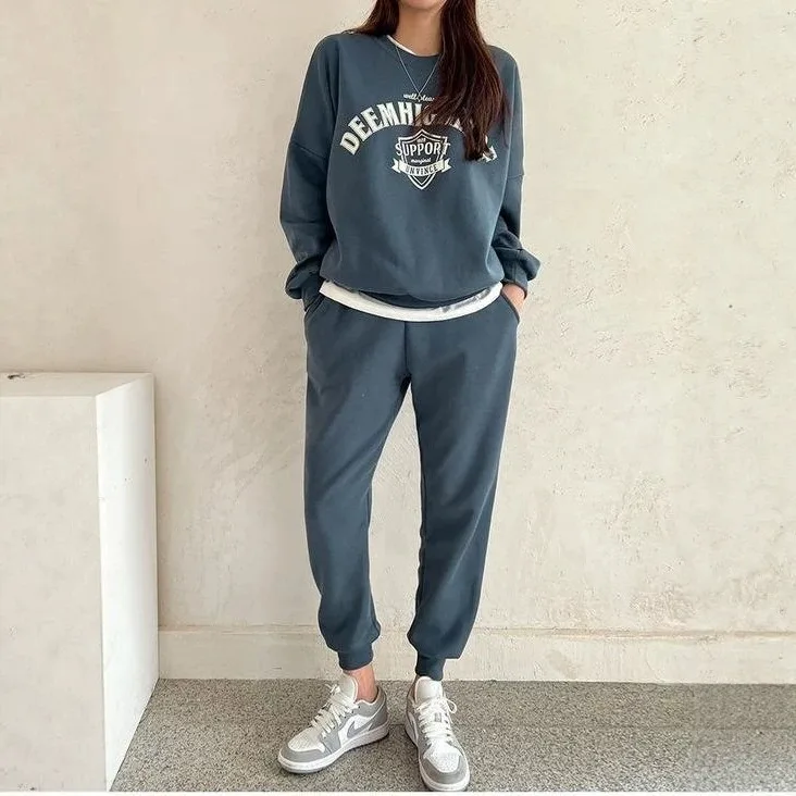 Women 2026 Early Autumn New Korean Style Sport Casual Set, Fashion Slim Sweatshirt & Wide Leg Pants Two Piece Outfit