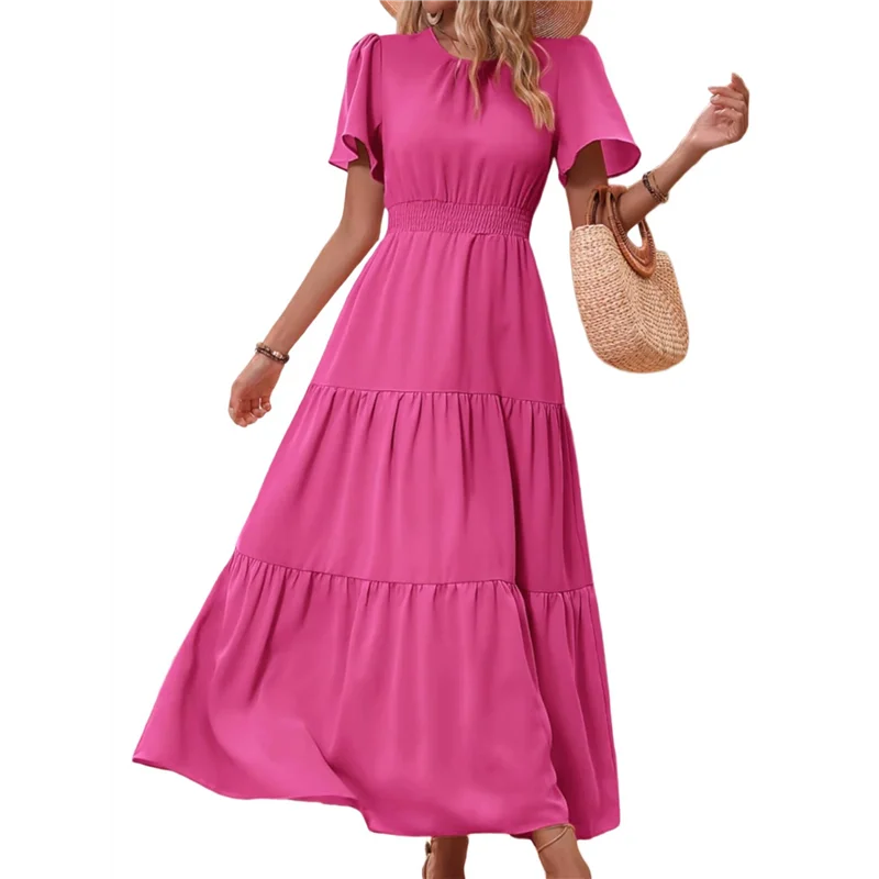 ASDS-ผู้หญิงฤดูร้อนสบายๆแขนสั้นกระพือรอบคอ Smocked เอวฉัตร Boho ดอกไม้ Flowy Maxi Dress
