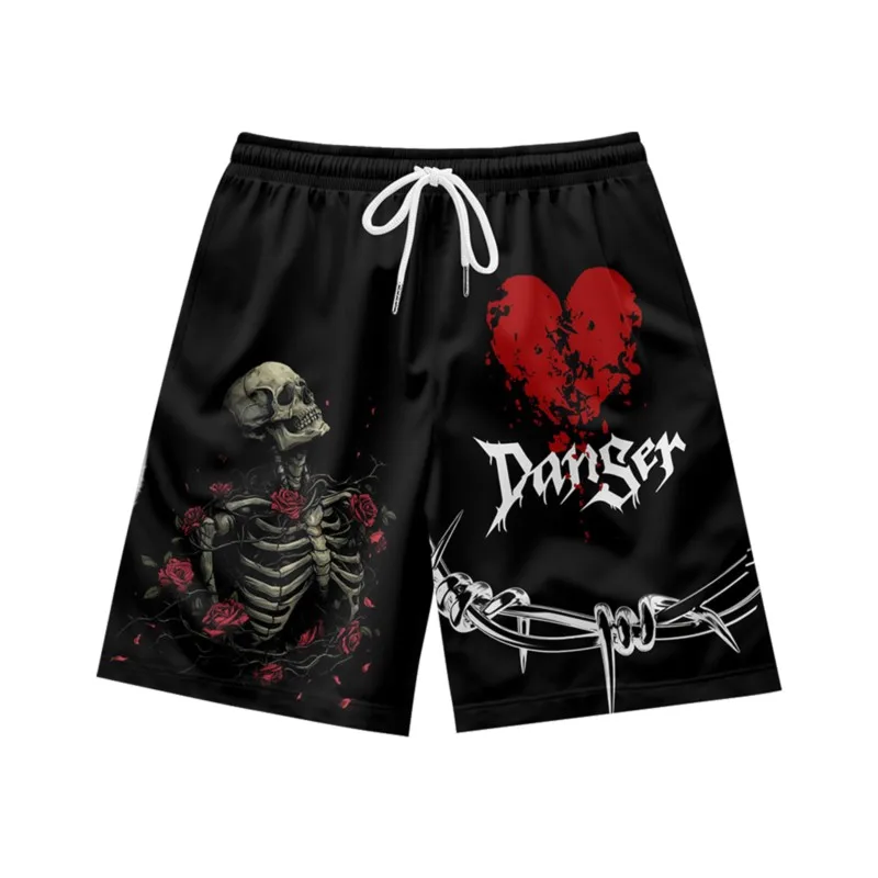 Rose skull pattern, personalized, loose, quick drying, breathable, summer, young men's leisure, sports, drawstring beach shorts