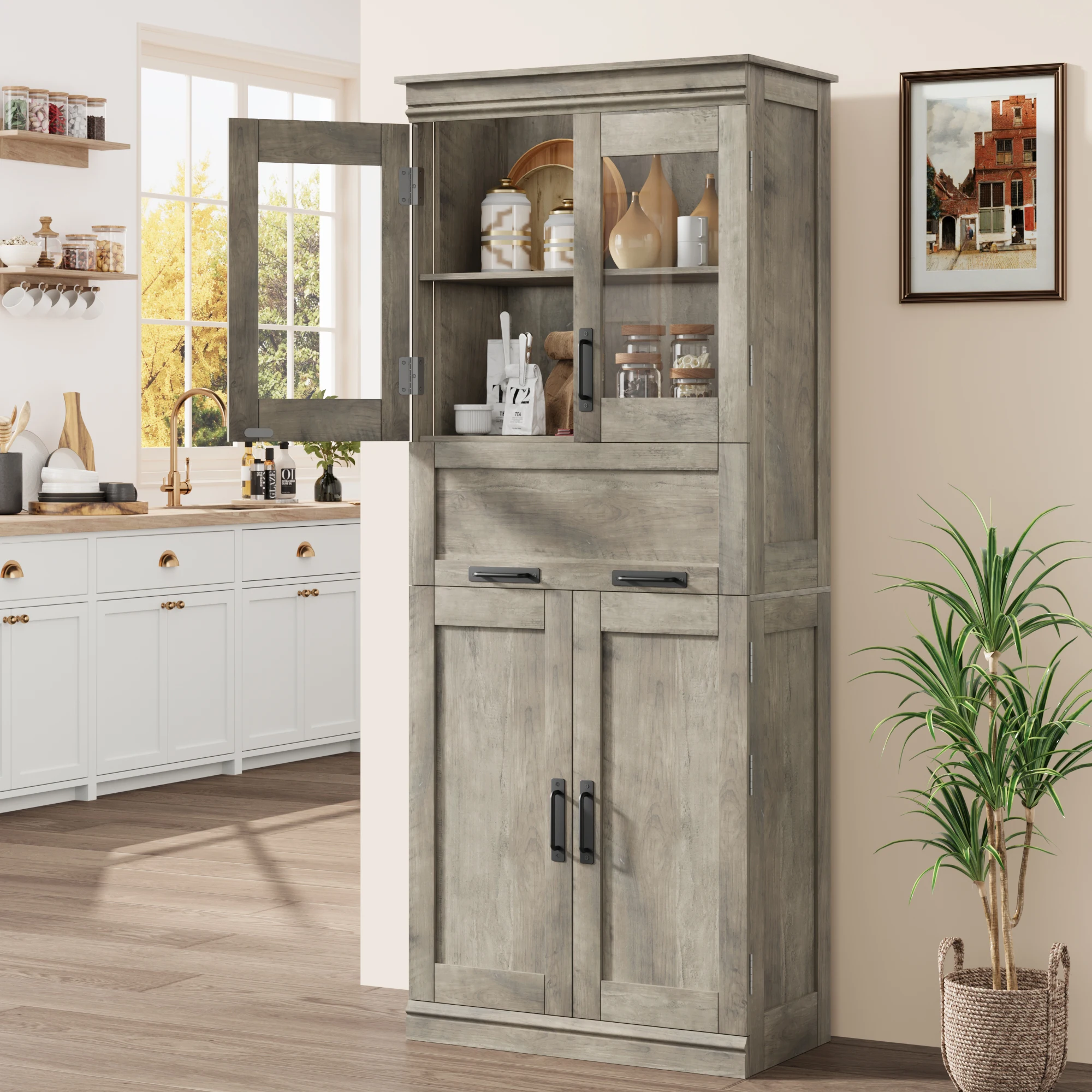 170 cm hoher Badezimmerschrank mit Doppeltür und Schublade – freistehende Aufbewahrungseinheit für Badezimmer, Küche, Wohnzimmer – verstellbares Regal