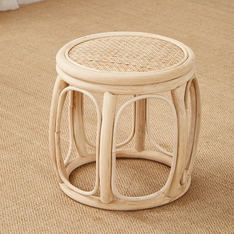 Natural Rattan Drum Stool Handwoven Entryway Shoe Bench Vintage Wicker Ottoman No Paint Eco-Friendly Small Round Footrest