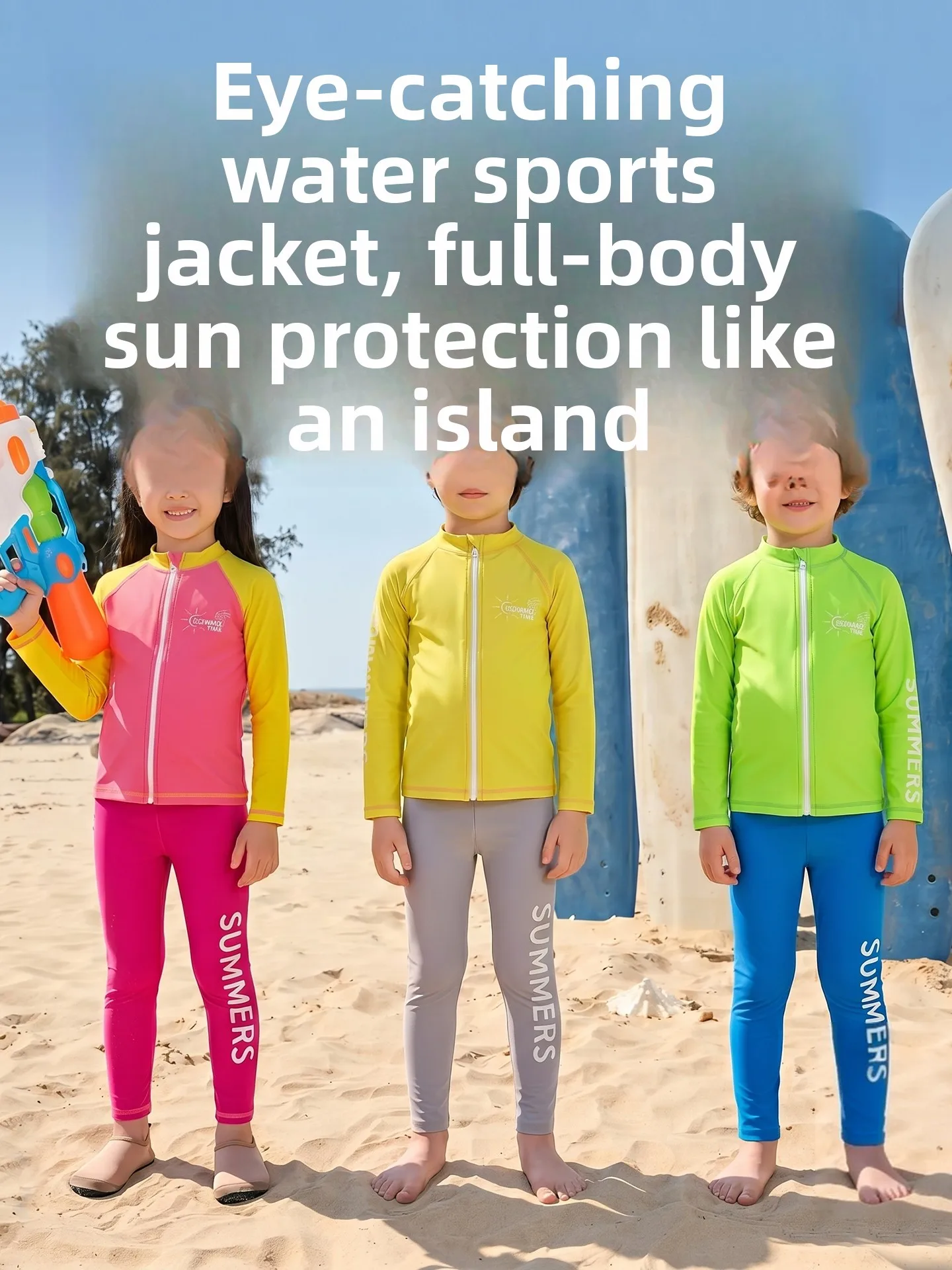 Children's Swimming Suit Long Sleeve Zipper Swimwear Set Quick Dry Fluorescent Color Unisex Kids' One-Piece Swimsuit