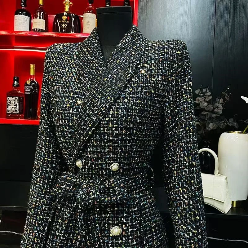 2025 nuovo autunno inverno paillettes nero lucido cappotto lungo per le donne nobile slim fit lady Party stage cappotto di lana host temperamento tendenza