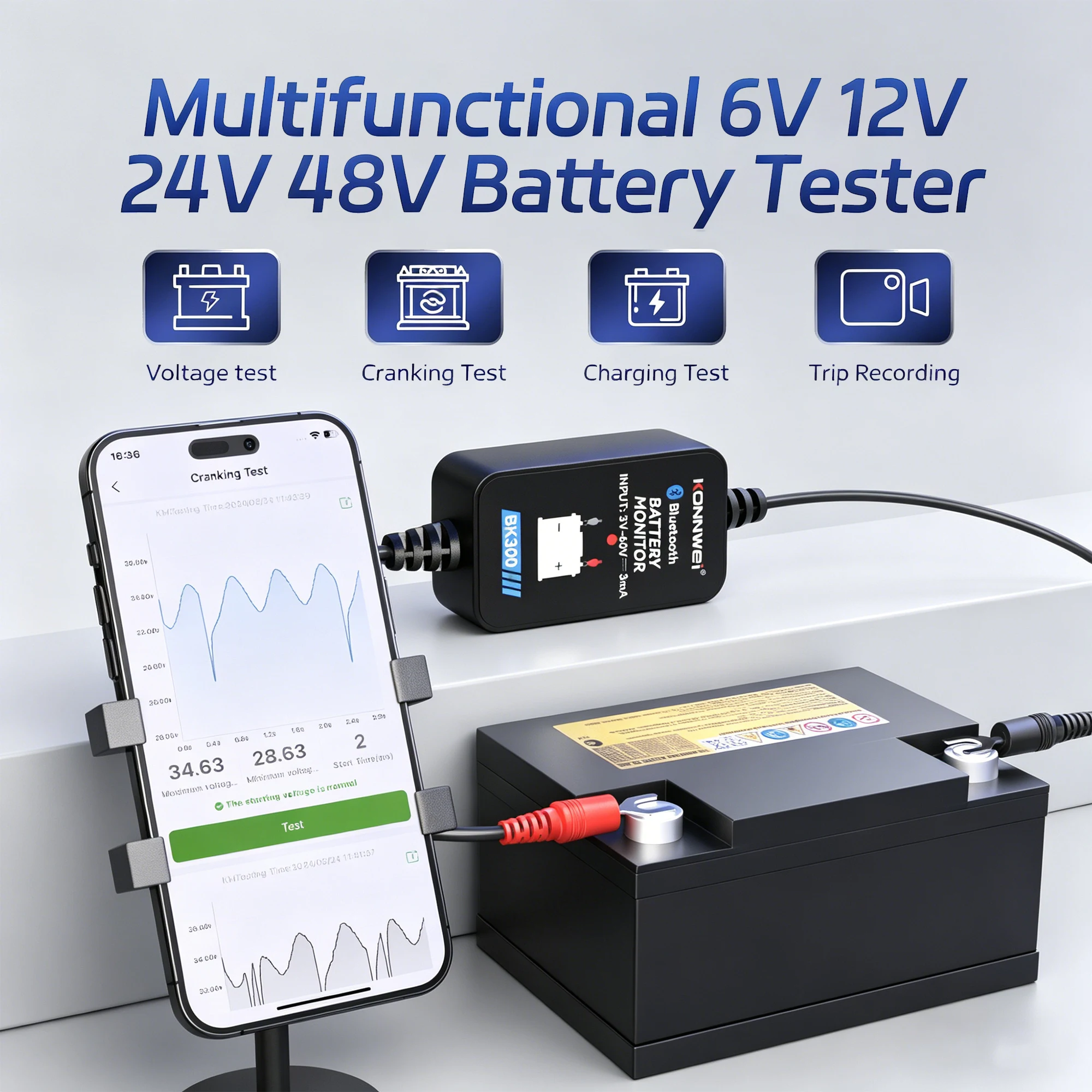 KONNWEI BK300 12V Batterietester Drahtloser Bluetooth 5.2 Batteriemonitor LED-Anzeige SOH SOC Batterieanalysator Auto Tester Tools
