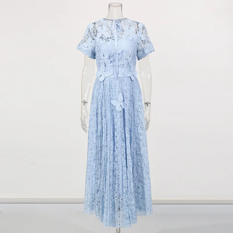 French Resort Style Dress 2025 Elegant Long Loose 3d Butterfly Patckwork Short Sleeve Slim Casual Lace Dress