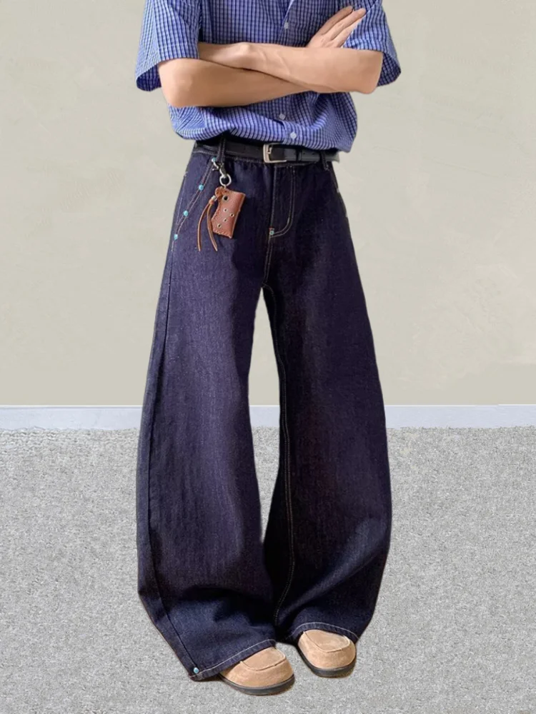 2025 사이버 Y2K 스트릿웨어 터키석 버튼 다크 블루 배기 청바지 남성 의류 스트레이트 데님 바지 팬츠