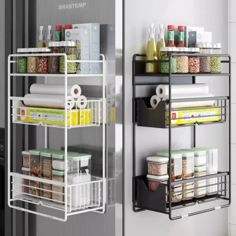 3 Layers Magnetic Refrigerator Shelf Seasoning Organize Shelf Washing Machine Pull-out Storage Rack Baking Paint Kitchen Rack